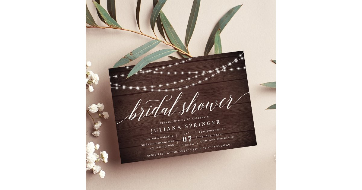 Rustic Wood String Lights Bridal Shower Invitation | Zazzle
