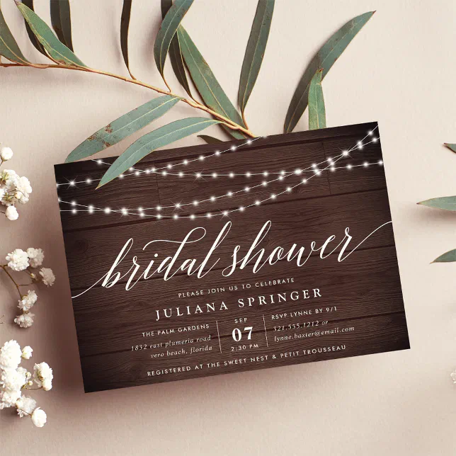 Rustic Wood String Lights Bridal Shower Invitation | Zazzle