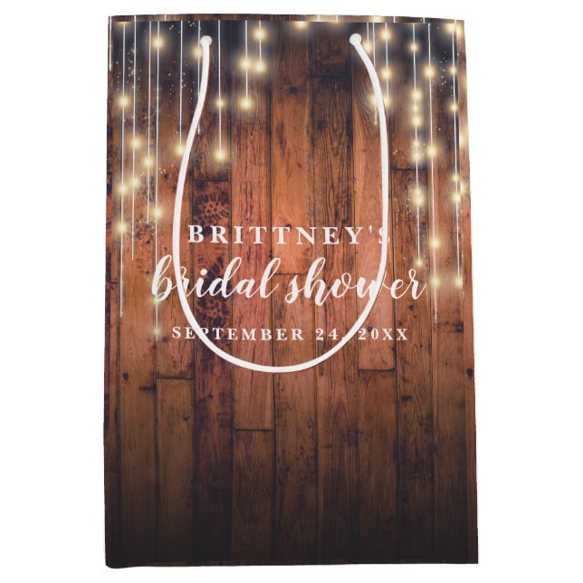 Rustic Wood String Lights Bridal Shower Medium Gift Bag (Front)