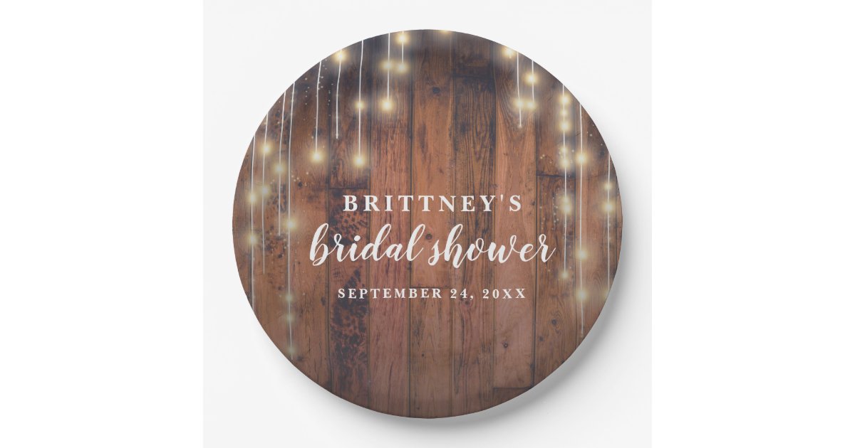 Rustic Wood String Lights Bridal Shower Paper Plates | Zazzle