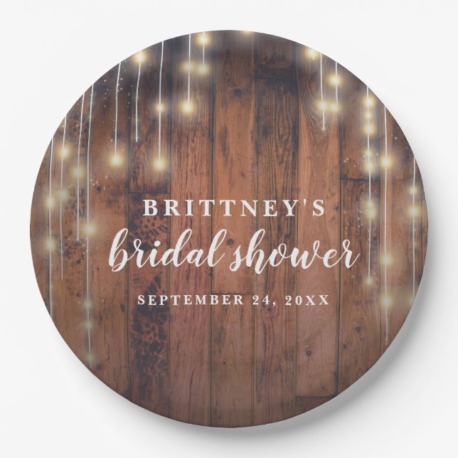 Rustic Wood String Lights Bridal Shower Paper Plates (Front)