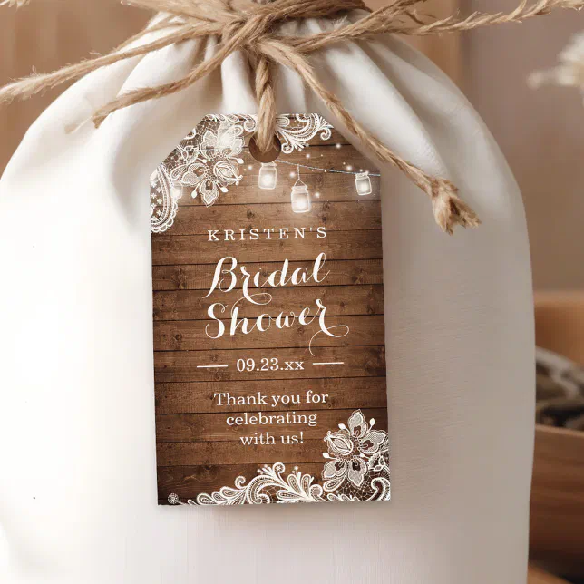 Rustic Wood String Lights Bridal Shower Thank You Gift Tags | Zazzle