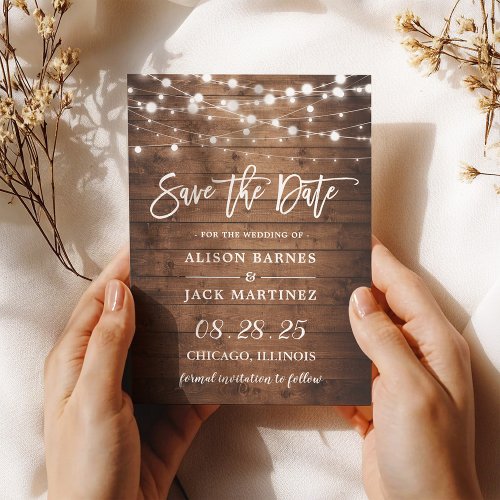 Rustic Wood String Lights Brush Script Wedding Save The Date