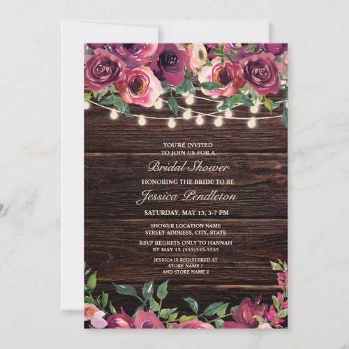 Rustic Wood String Lights Burgundy Floral Bridal Invitation