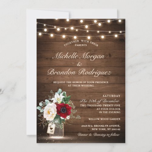 Rustic Wood String Lights Burgundy Floral Wedding Invitation