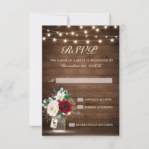 Rustic Wood String Lights Burgundy Floral Wedding RSVP Card