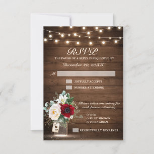 Rustic Wood String Lights Burgundy Floral Wedding RSVP Card