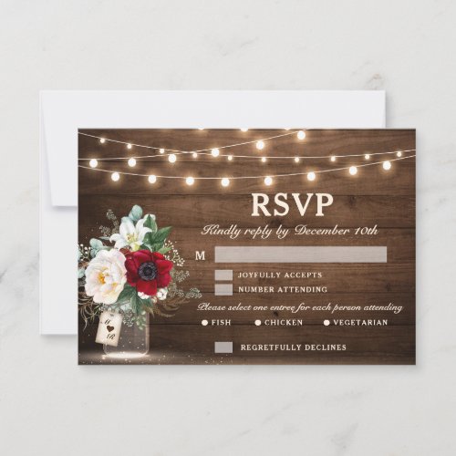 Rustic Wood String Lights Burgundy Floral Wedding RSVP Card