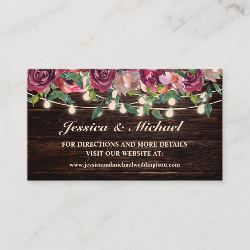 Rustic Wood String Lights Burgundy Wedding Website Business Card