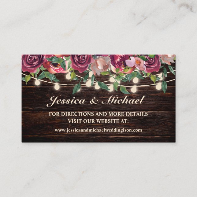 Rustic Wood String Lights Burgundy Wedding Website Business Card (Front)