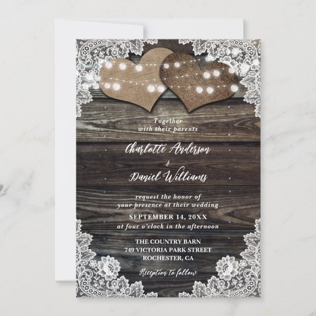 Rustic Wood String Lights Burlap Hearts Wedding Invitation (Front)