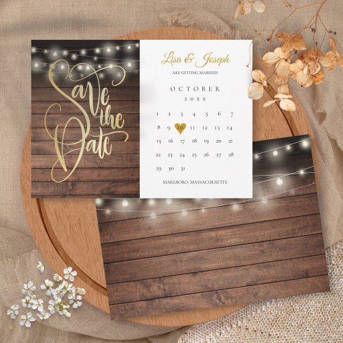 Rustic Wood String Lights Calendar Gold Heart Save The Date