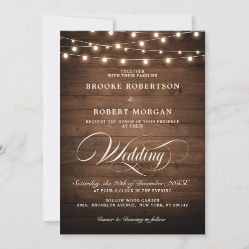 Rustic Wood String Lights Calligraphy Wedding Invitation