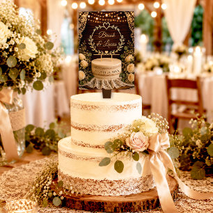 Rustic Wood String Lights Candles Lace Wedding Cake Topper