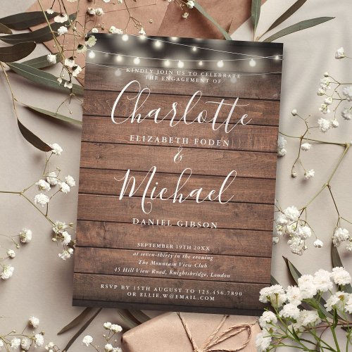 Rustic Wood String Lights Chic Script Engagement Invitation