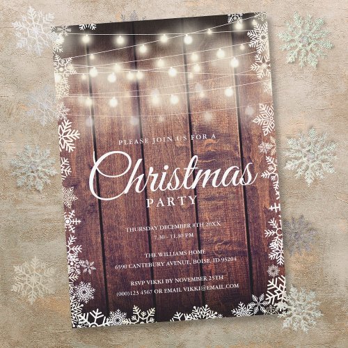 Rustic Wood String Lights Christmas Holiday Party Invitation