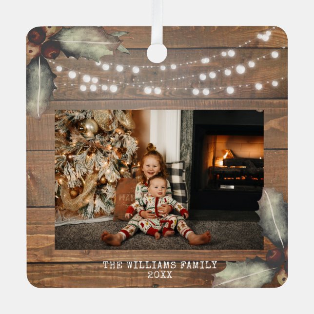 Rustic Wood String Lights Christmas  Metal Ornament (Front)