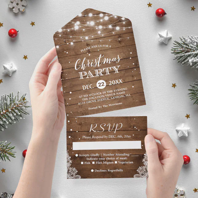 Rustic Wood String Lights Christmas Party All In One Invitation 