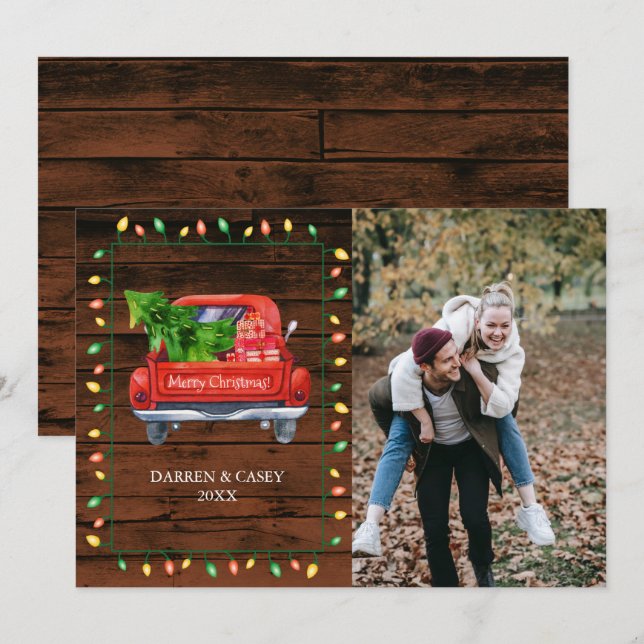 Rustic Wood & String Lights Christmas Photo Card (Front/Back)