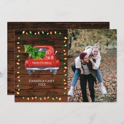 Rustic Wood  String Lights Christmas Photo Card