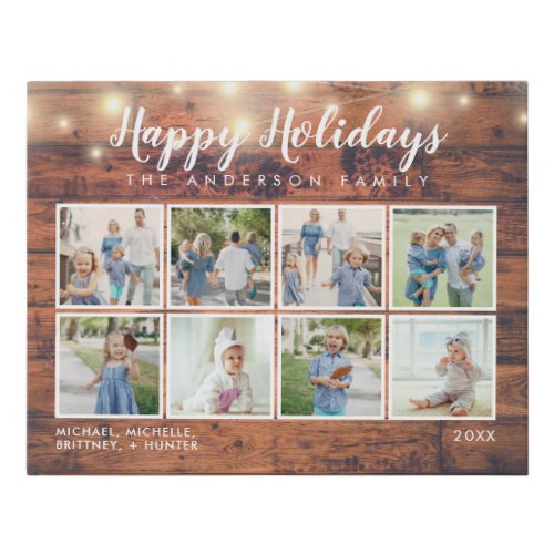 Rustic Wood String Lights Christmas Photo Collage Faux Canvas Print