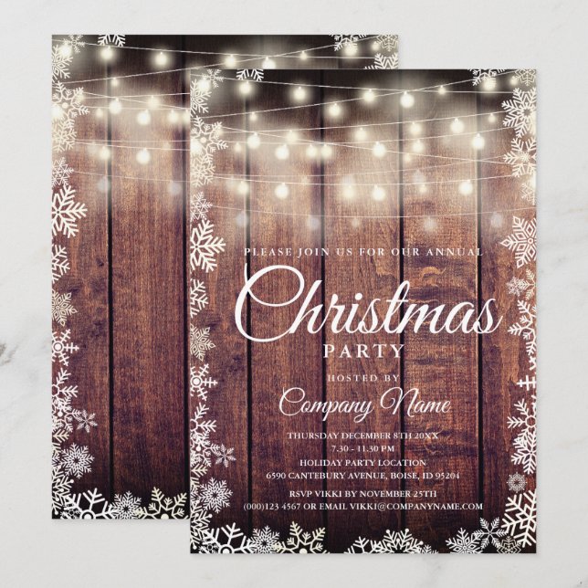 Rustic Wood String Lights Corporate Holiday Party Invitation (Front/Back)
