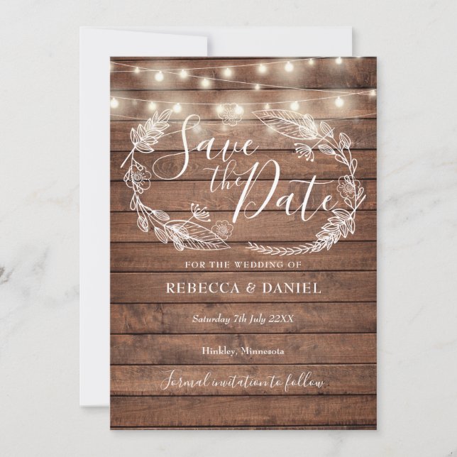 Rustic Wood String Lights Country Floral Save The Date (Front)