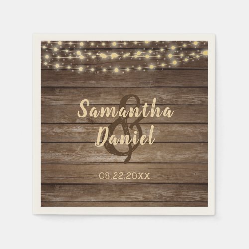 Rustic Wood String Lights Country Wedding Napkins