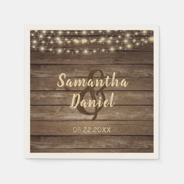 Rustic Wood String Lights Country Wedding Napkins (Front)
