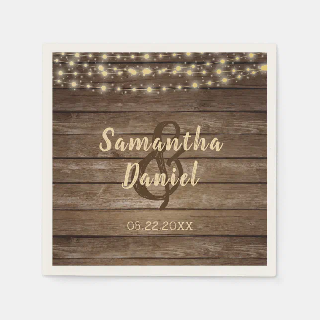 Rustic Wood String Lights Country Wedding Napkins | Zazzle