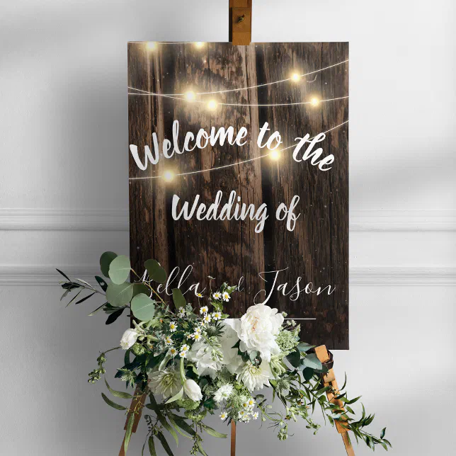 Rustic Wood String Lights Country Wedding Welcome Foam Board | Zazzle