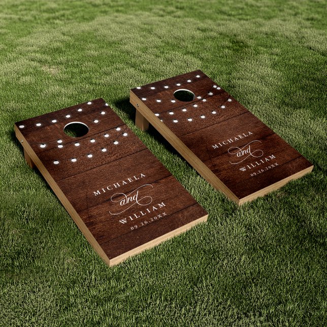 Rustic Wood & String Lights Couple's Names Wedding Cornhole Set (Creator Uploaded)