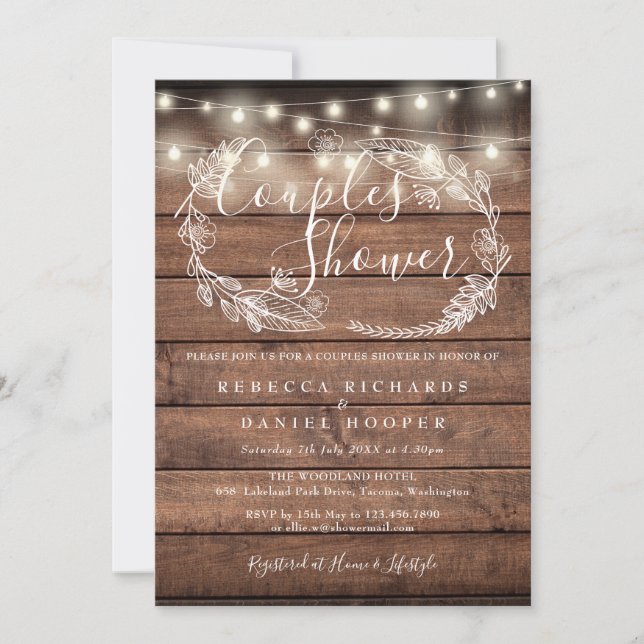 Rustic Wood String Lights Couples Shower Invitation (Front)