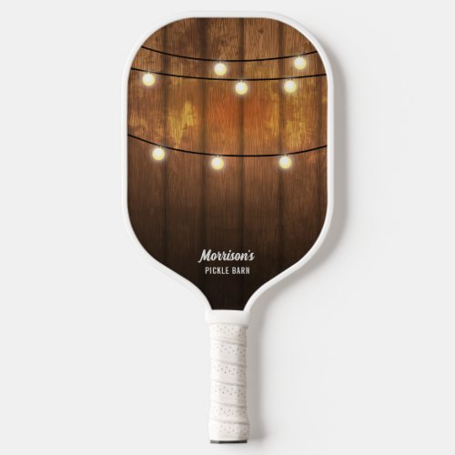 Rustic Wood String Lights Custom Name Text Pickleball Paddle