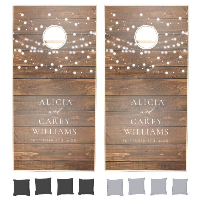 Rustic Wood String lights Custom Wedding  Cornhole Cornhole Set (Set)