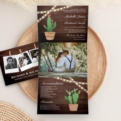 Rustic Wood String Lights Desert Cactus Wedding Tri_Fold Invitation