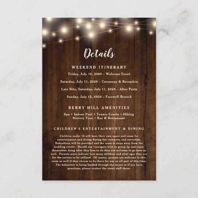 Rustic Wood String Lights Destination Details Enclosure Card (Front)