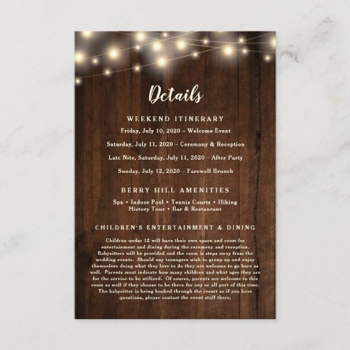 Rustic Wood String Lights Destination Details Enclosure Card