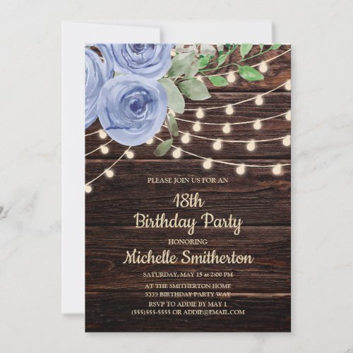 Rustic Wood String Lights Dusty Blue Floral 18th Invitation