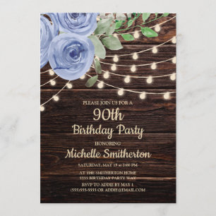 Rustic Wood String Lights Dusty Blue Floral 90th Invitation
