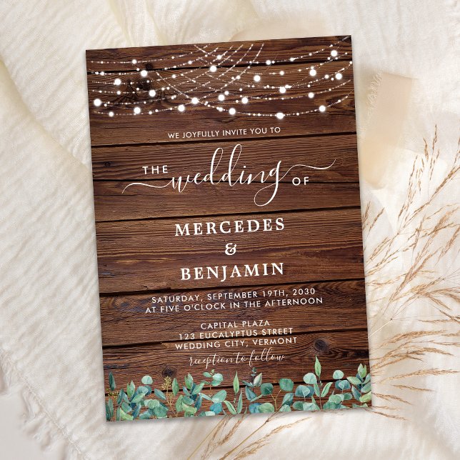 Rustic Wood String Lights Eucalyptus QR Wedding Invitation (Creator Uploaded)