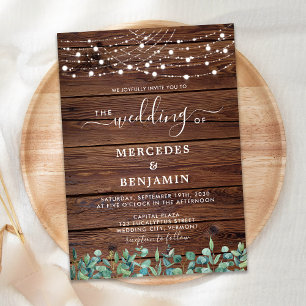 Rustic Wood String Lights Eucalyptus Wedding Invitation