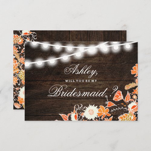 Rustic wood string lights fall floral bridesmaid invitation