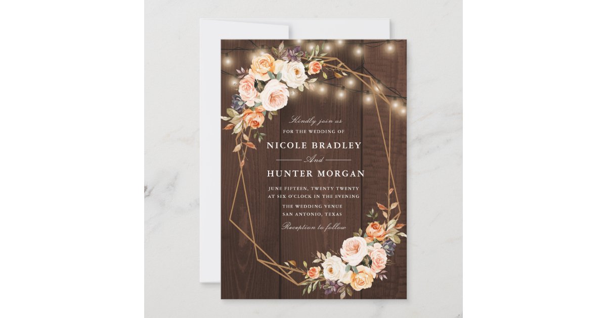 rustic wood string lights fall floral wedding invitation | Zazzle