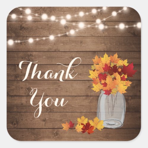 Rustic Wood String Lights Fall Mason Jar Thank You Square Sticker