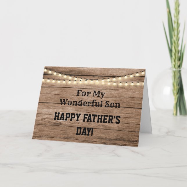 Rustic Wood & String Lights Fathers Day For Son  Holiday Card (Front)