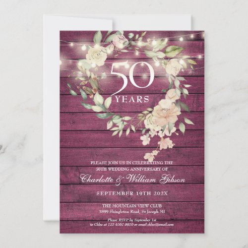 Rustic Wood String Lights Floral 50th Anniversary Invitation