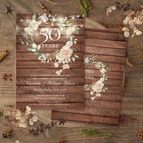 Rustic Wood String Lights Floral 50th Anniversary Invitation