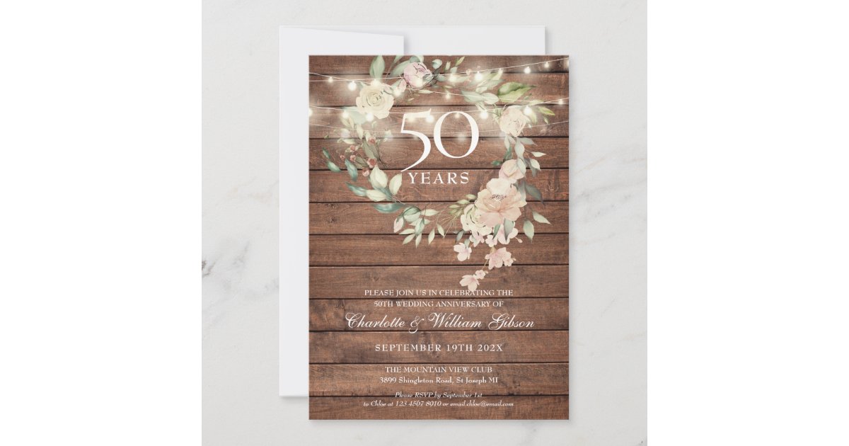 Rustic Wood String Lights Floral 50th Anniversary Invitation | Zazzle
