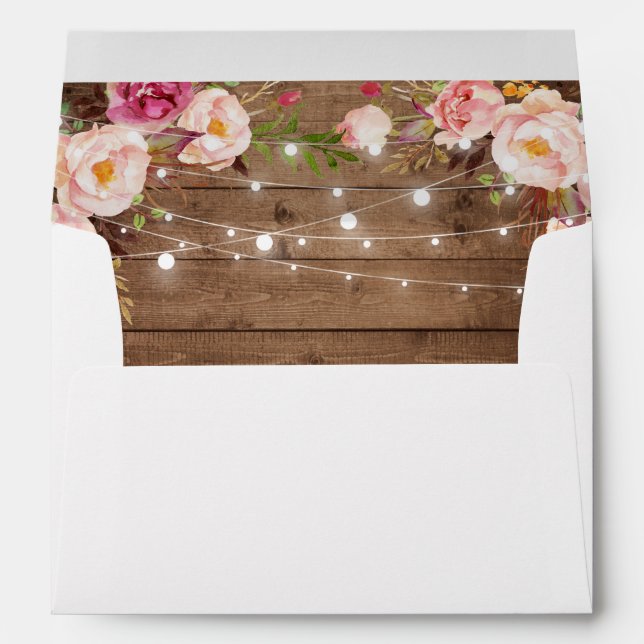 Rustic Wood String Lights Floral Custom Address Envelope (Back (Bottom))